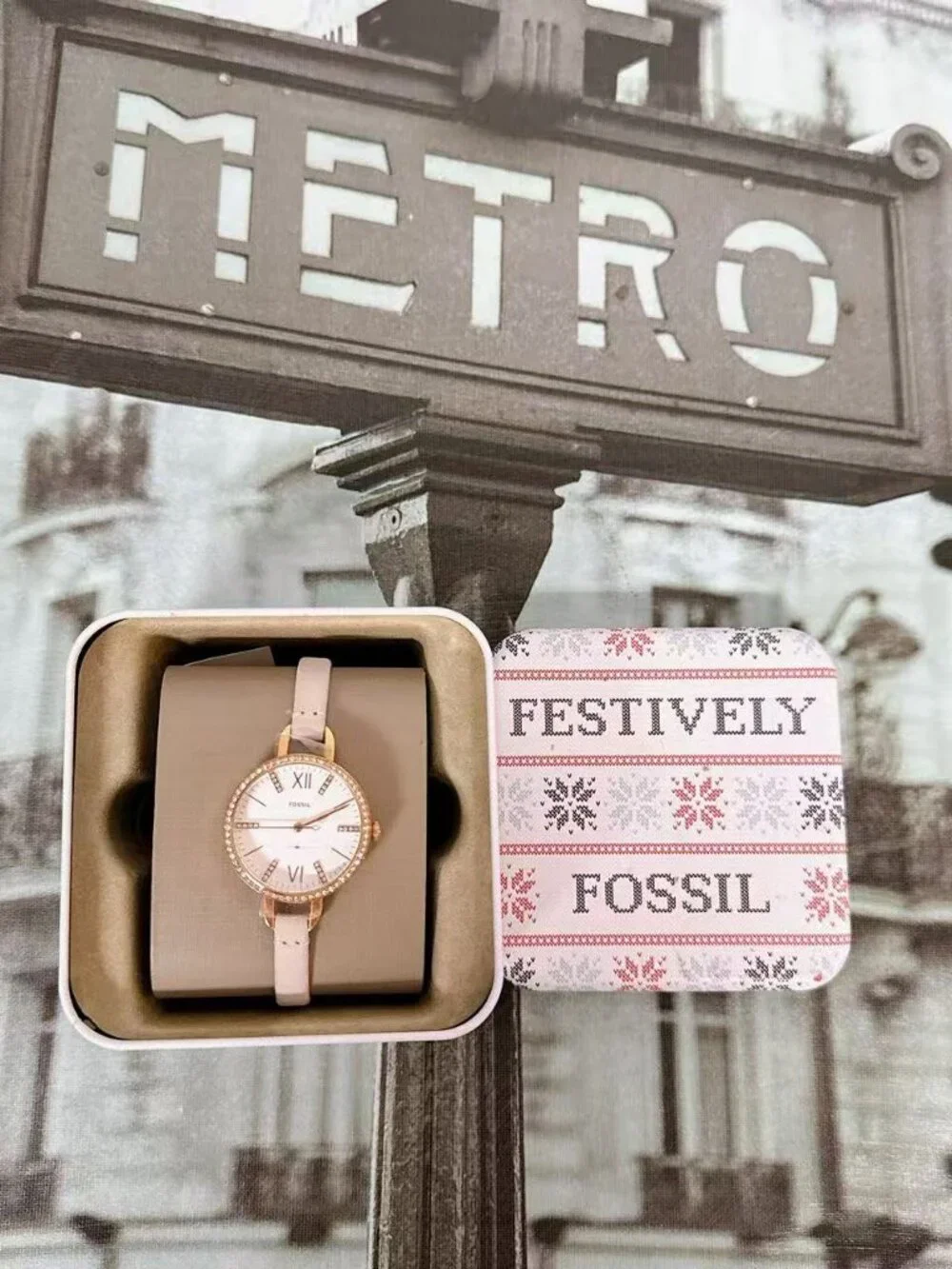 Fossil Annette ES4402 Rose Gold Crystal Bezel Pink Leather Quartz Watch